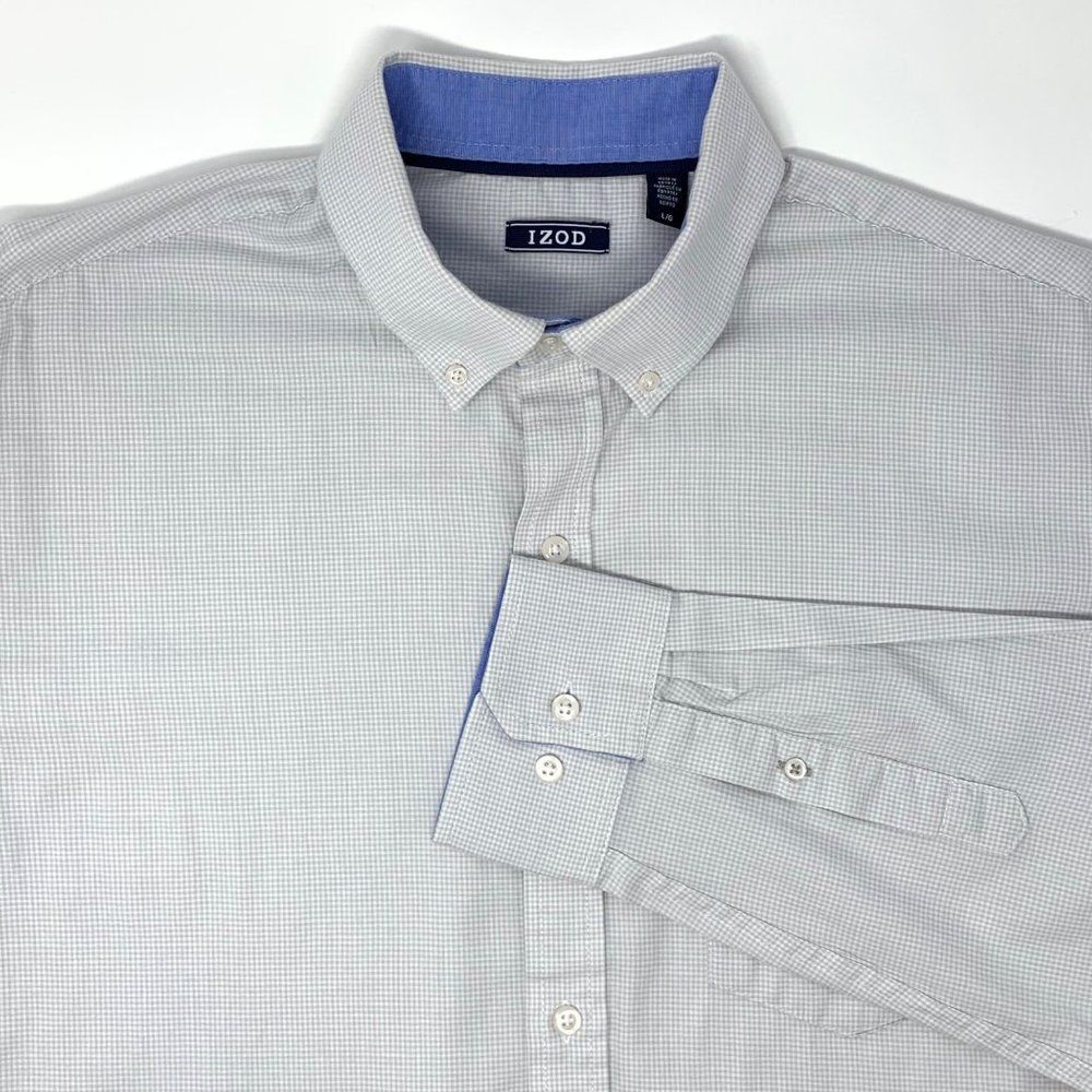IZOD Beige & White Pin Check Men's Long Sleeve Shirt Size Large